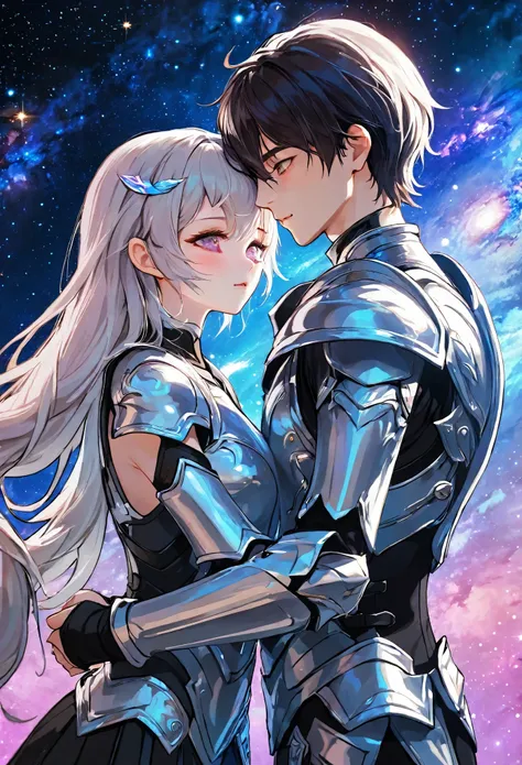 ((full body)), ((A boy and a yinji girl)), ((Long shot)), ((Armor, Hug, kiss)), Two-man match, 4k ultra hd, masterpiece, good face, detailed eyes, detailed lips, neon lights, (galaxy background:1.5), in the heaven,