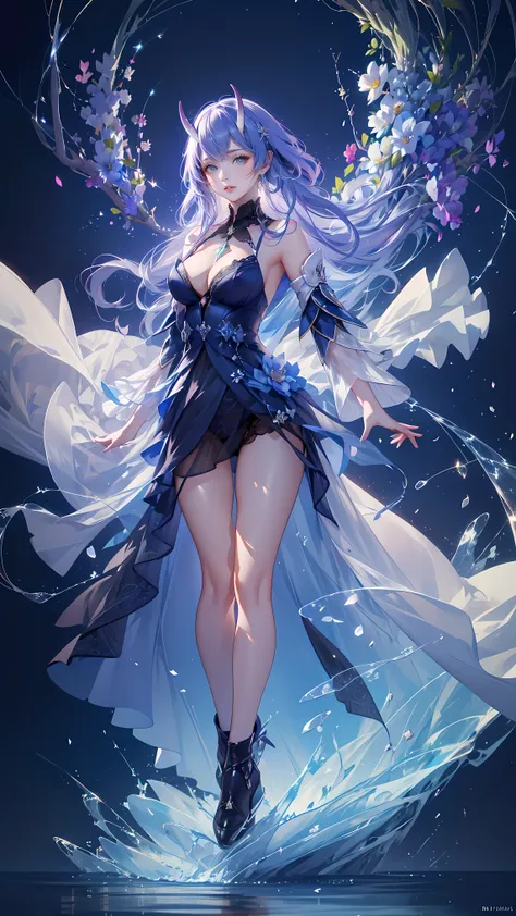 (((FULL BODY POSE))) (((SHOW PANTIES))) (((BIG GIANT BOOBS))) (((MARINE BLUE HAIR WITH HORN))) ((GOOD FINGER, ANATOMY CORRECTED)) (((WHITE LUXURY ARISTOCRATIC NOBLE COSTUME WITH FLOWER BROCHS))) | A WOMEN WEAR ((SEXY OUTFIT)) FLOATING IN THE WATER ((BLUE S...