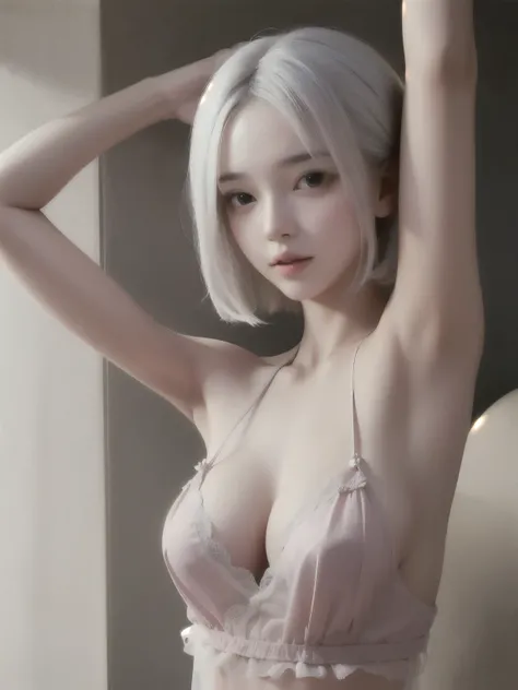 ((best quality)), ((masterpiece)), (detailed), perfect face. Short hair. White hair. asian girl. ulzzang. Pink eyes. Armpit. Cleavage.