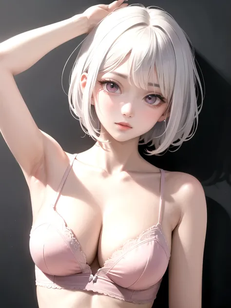 ((best quality)), ((masterpiece)), (detailed), perfect face. Short hair. White hair. asian girl. ulzzang. Pink eyes. Armpit. Cleavage.