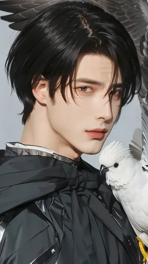 Handsome image of a man with a bird on his shoulder, levi ackerman.