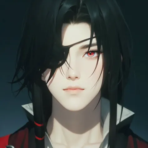 1man, perfect eye, perfect illumination,  black hair, red eyes, unreal engine, sidelighting, detailed face, bangs, bright skin, simple background, dark background