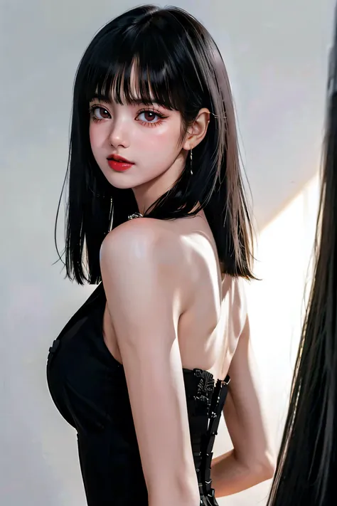 View from behind、(Realistic painting style:0.9), Tabletop, One Girl, alone, chest, Long Hair, Black see-through dress, Grey Hair, Chest cleavage, View your viewers, smile, Mouth closed, bangs, Grey Eyes, Big Breasts, Expose your shoulders, Large chest, Sex...