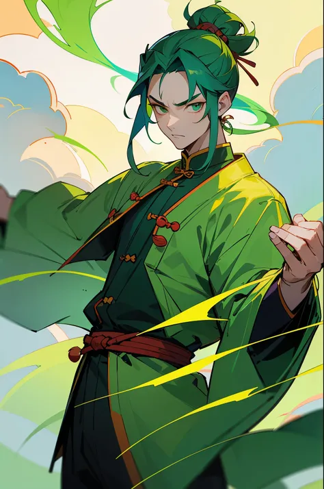 1.an ancient Chinese young teenager boy, solo, wearing chinese outfit,green and blue color, bright, green hair, green eyes, dragonic features, serious face, one man bun,lean build, in the clouds, green earings
