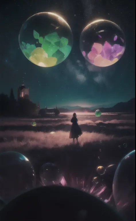 A crunchy dreamy woman in charge of colorful jet black, a wide landscape shot of a techno nightmarish landscape background, a mysterious, translucent glow of green and pink liquid in tattered womens church clothes. The body of a sphere filled with bubbles ...