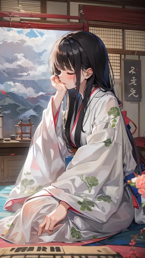 (rest style), (in the japanese bedroom), (sit down on japanese futon) (solo blunt bangs black hair long hair shrine maiden cute girl, sad closed eyes, 15,yo), (in a plain white yukata), BREAK, perfect anatomy, masterpiece, best quality, 16k, beautiful deta...