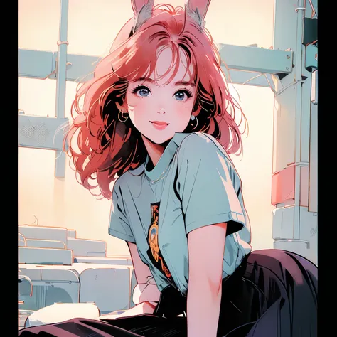 whole body、Beauty、1 female、4k、White short sleeve blouse、skirt、pedestrian crossing、Signal 、intersection、Complex background、Detailed Hair、smile、pale red hair、Faint lighting、Rabbit Ears