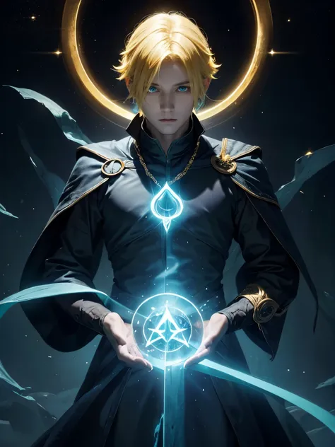 powerful being, dark mage, a man, celestial being, Powerfull Rune Magic, Yellow Hair, Short hair, Blue Aqua Eyes.