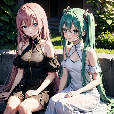 hatsune miku、megurine luka、two girls、smiling、looking this way、wearing a sheer white dress、they are hugging each other、sitting