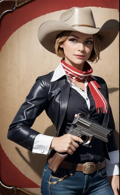 a handgun is aimed at the viewer.
a woman dressed as a cowboy is holding a revolver towards the camera, she is wearing a brown c...