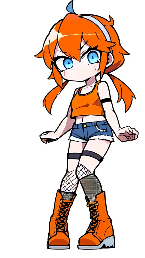 1girl,solo,full body,low twintails,orange curly hair,(((blue eyes))),denim short shorts,fishnets,gray crop top,thigh strap,boots,white background