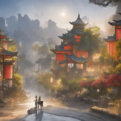 （（（watercolor））））landscape，watercolor，stylized urban fantasy artwork, dreamy chinese town, concept art ， highly rendered, game a...