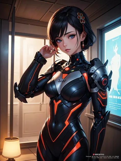 (masterpiece, top quality, best quality, photorealistic, official art, beautiful and aesthetic:1.2),cybernetic futuristic geisha, sci-fi corridor, high quality, ultra-detailed, realistic, vibrant colors, soft lighting, HDR, bokeh, peaceful atmosphere, fine...
