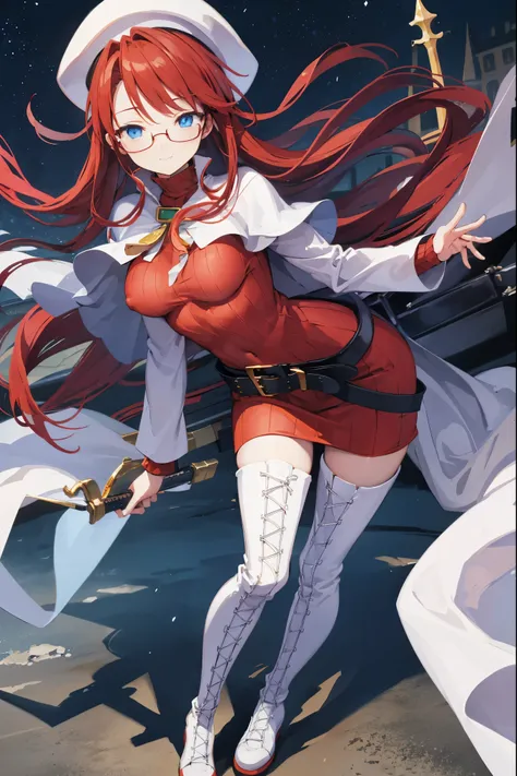 summonnightaty, aty, (young:1.3),long hair, blue eyes, red hair, large_beret, hat, glasses,
BREAK long hair, thighhighs, hat, dress, boots, glasses, belt, cape, sweater, zettai ryouiki, beret, thigh boots, white footwear, ribbed sweater, loose belt,solo,
B...