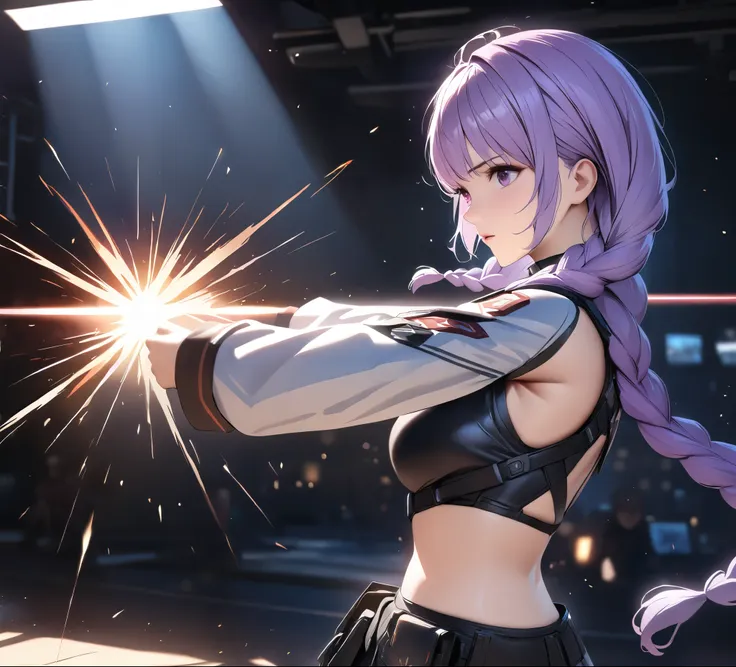 a boy and (a girl with purple and white gradient double braids),intense showdown, eye contact, tense atmosphere, battle outfits,...