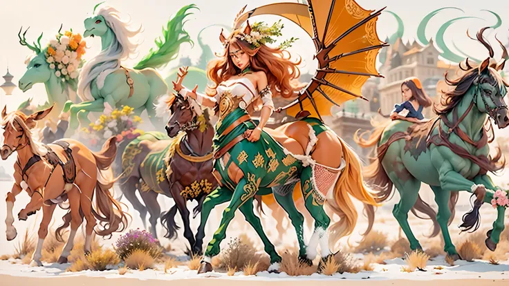 In the beautiful illustration of this super-grand scene,The ultra-distant lens shows us(More than eight distinctive and beautiful Centaur characters:2.7),Their personality、Distinctive and vivid features。from(A radiant, angelic, snow-white centaur from heav...