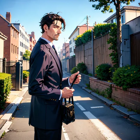 Masterpiece, Top Quality, Super Detail, 1 Man in his 40s, Male Focus, Handsome, Residential Area, Fence, Spindle Tree, Afternoon Sun, After School, Suit, Hand-held Bag, Flock of Birds, Right From the Side, Depth of Field