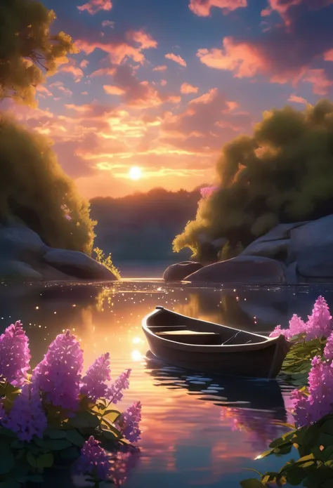 detailed background,( Calm spring night landscape), amongst lush greenery, beautiful view, creeping phlox in full bloom, creeping phlox, early morning, sunrise sky, beautiful clouds, dappled sunlight, outdoor seating, one lamp, Tranquil Lake, Boat on a Lak...