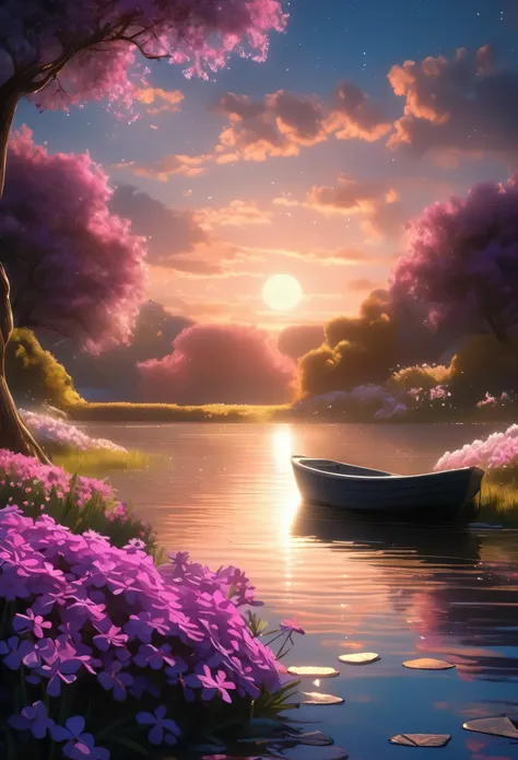 detailed background,( Calm spring night landscape), amongst lush greenery, beautiful view, creeping phlox in full bloom, creeping phlox, early morning, sunrise sky, beautiful clouds, dappled sunlight, outdoor seating, one lamp, Tranquil Lake, Boat on a Lak...