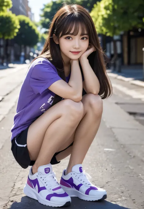 (masterpiece, best quality:1.1), (8k, raw photo, photo realistic:1.2, f22), (shiny skin), detailed skin,long hair,ribbon,detailed face, detailed eyes,smile,BREAK, real world, intricate details, smil, BREAK, 1girl, full body,(purple,short sleeve,sneakers),B...