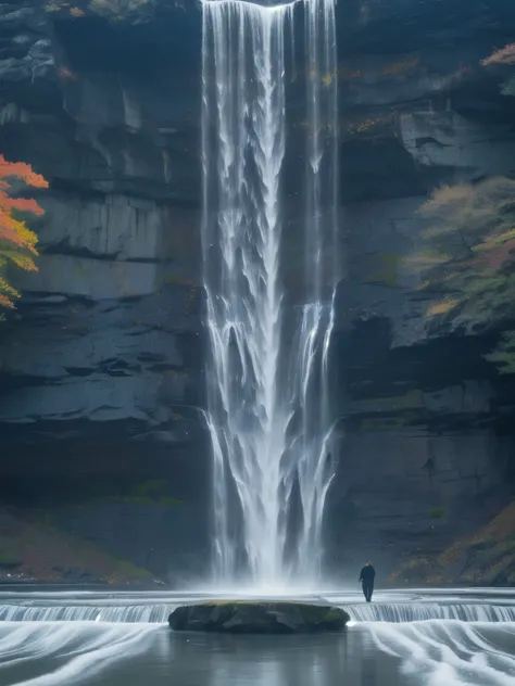 there is a man standing in the water under a Fall, Absolutely outstanding image, author:Ryoji Ikeda, nice images, fountain, Fall, stunning images, Rinko Kawauchi, Water spray, an endless Fall, floating Falls, good governance, solitude under a Fall, alien F...