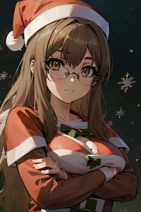 riofutaba, rio futaba, black-framed eyewear, (brown eyes:1.7), glasses, (grey hair:1.2), hair between eyes, over-rim eyewear, semi-rimless eyewear, long hair, sidelocks, 
BREAK ((santa costume:1.5), santa hat, christmas hat:1.2),
BREAK crossed arms, breast...