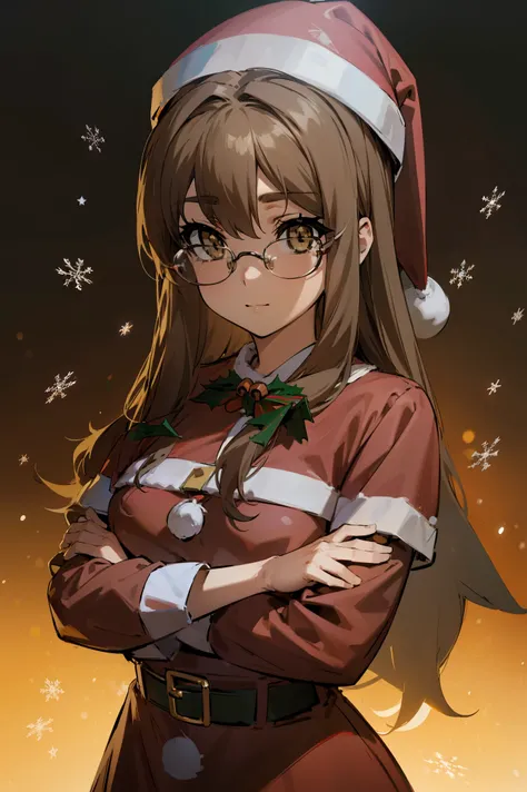 riofutaba, rio futaba, black-framed eyewear, (brown eyes:1.7), glasses, (grey hair:1.2), hair between eyes, over-rim eyewear, semi-rimless eyewear, long hair, sidelocks, 
BREAK ((santa costume:1.5), santa hat, christmas hat:1.2),
BREAK crossed arms, breast...