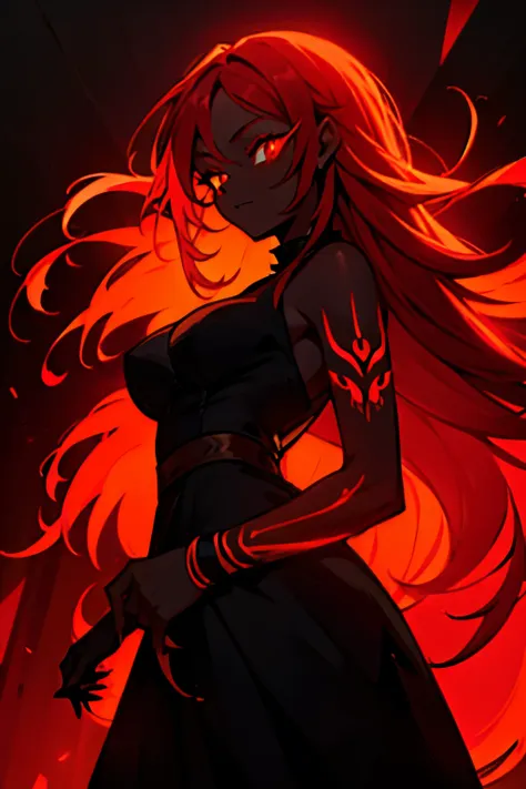 black skin, anime woman, happy, glowing red eyes, glowing red tattoos, long glowing red hair, wearing a black dress