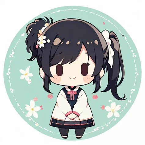 Transparent watercolor、girl、Gemstone Eyes、Beautiful arrangements and motifs、Depth of written border、Flat avatar, 1girl, smile, Wink、Close one eye、Black Hair((side ponytail)), White tips, 、Background white、Cherry blossom petals, Cute girl, Modest clothing, ...