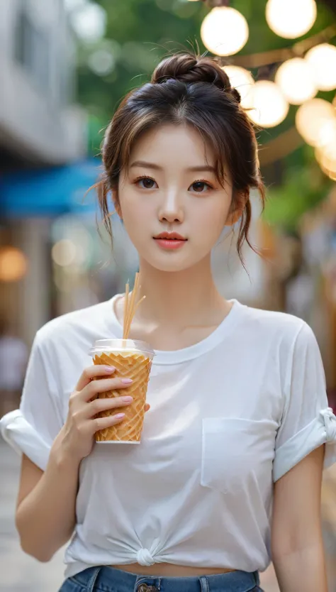 close-up of beautiful korean female, 34 inches breasts size, tied hair, wearing rolled sleeves t-shirt shirt, holding noodle cup, bokeh background, UHD