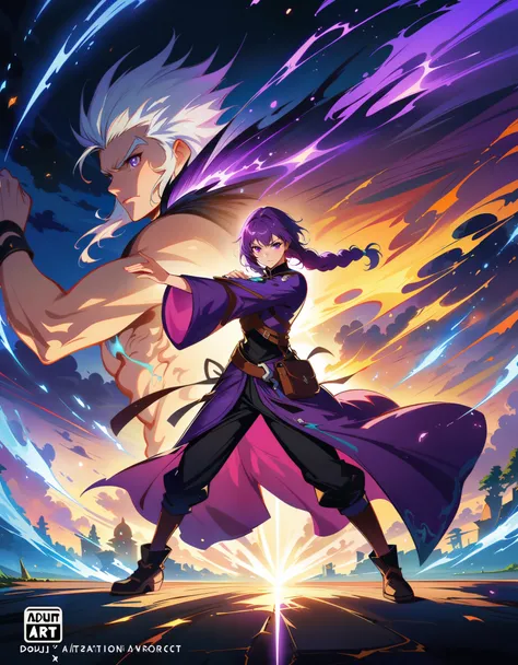 yinji，1gir, (1boy), Fighting Stance，Eyes on the audience，(1 couple:1.5)，Anime character with purple cloak，流行的Different world动漫，Anime artwork，Fan Art，Official Art，Fantasy style anime，Shadow Poetry Style，detailed key anime art，Fantasy Anime Series，Different ...