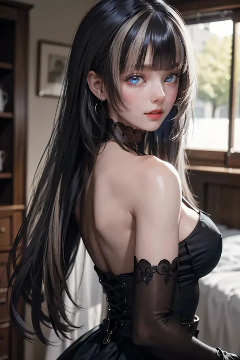 view from behind、(realistic painting style:0.9), tabletop, , red pupils, one girl, alone, chest, long hair, dress, grey hair, ch...