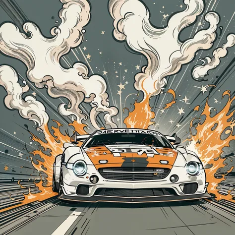 best quality,Comic style 1.5: A white racing car，Close-up of the front of the car，On the dark track，Background with smoke，flame。Car body brand stickers。Flat cover style。Thick lines，Vector。 Flat anime style, cartoon minimalism, Flat vector art, Graphic illu...