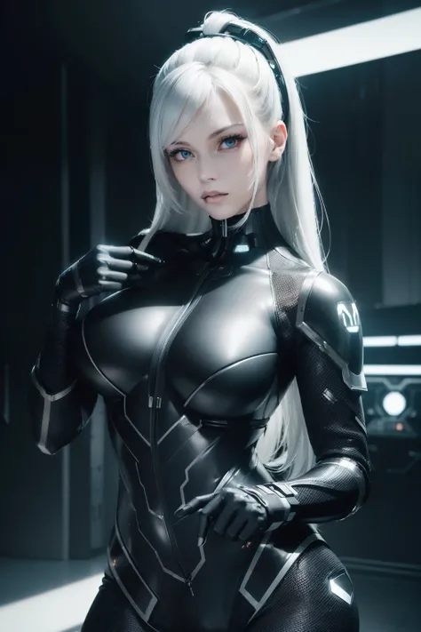 (((cybersoldier style aesthetic))) bust to waist ((half body)) ((beauty shape)) perfect skin, hyperrealistic masterpiece, in extremely complex & superdetailed black and white plugsuit, cinematic illumination: 8k, symmetrical eyes, realistic, sharp focus, H...