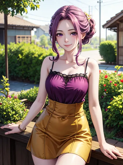 mirelia kmerlomark, purple hair, (purple eyes:1.1),garden、smile、lovely、closed mouth、beautiful thighs、nice waist、skirt、 8k wallpa...