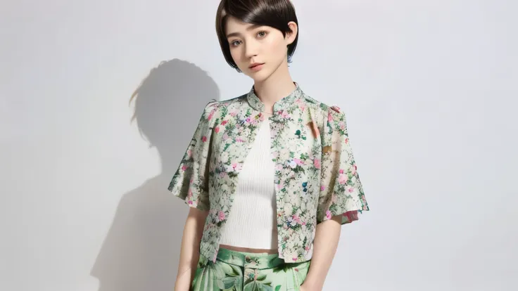 229 (18-year-old female,Floral clothes),  ((short hair:1.46)),  (Pants Style)