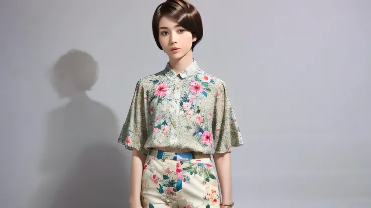 229 (18-year-old female,Floral clothes),  ((short hair:1.46)),  (Pants Style)