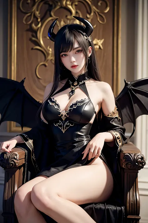 (masterpiece), (best quality), 1girl, devil, girl with devil horns, dark fantasy, dark theme, ancient castle, black dress, sexy, sitting on the throne, girl with black wings