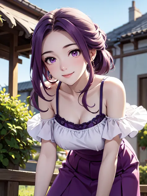 mirelia kmerlomark, purple hair, (purple eyes:1.1),garden、smile、shooting from the front、lovely、closed mouth、beautiful thighs、nic...