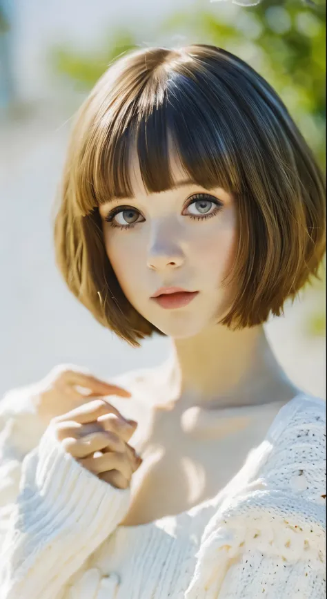 Short hair and white Summer knitwear, Summer knitwear, short hair, short hair with bangs, girl with a cute face, Portrait cute beautiful face, French Bob, White skin!!, 短い茶色の髪とBig eyes, Soft Portrait Shot 8k, Beautiful light、Big eyes, Beautiful girl, Young...