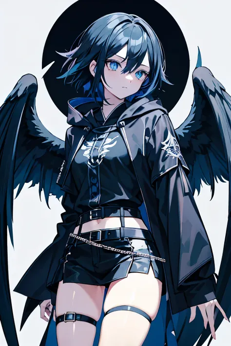 Gothic　Harpie　Fleeting　Black Hair　Blue Eyes　The inside of the hair is blue　Bird legs　Belt on torso　Black hood M-shaped legs　Japanese anime hand drawn illustration