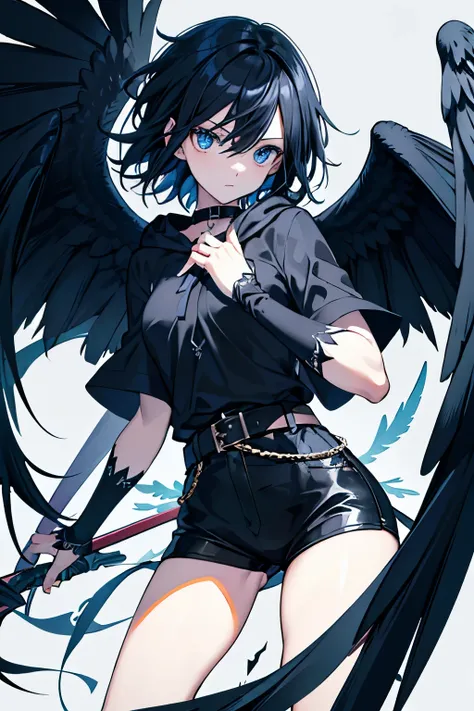 Gothic　Harpie　Fleeting　Black Hair　Blue Eyes　The inside of the hair is blue　Bird legs　Belt on torso　Black hood M-shaped legs　Japanese anime hand drawn illustration