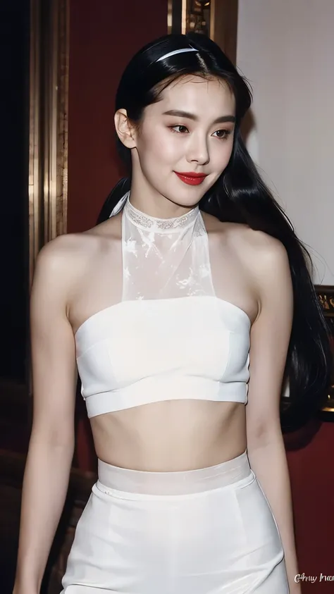 super high quality，8k，Gal，Sexy and feminine, High and cold，Fascinating，The head proportions are perfect，Grey high ponytail，Wear a short, sheer lace bra, White low waist sheer lace thong，Fiery red lips，Swan neck，choker，The sun is shining