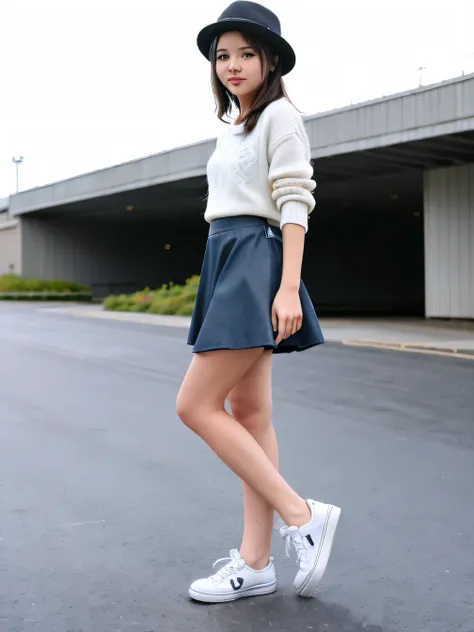 A man wearing jeans and a fedora is walking with a skateboard against a white background, (１２Year old girl：1.66) ，（girl）Black Hair，（Double knit chest：1.37），（smile：1.37）, （White sneakers），（Light floral skirt：1.37），（Long skirt:1.37）Fager walking, Full body c...