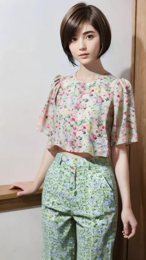 229 (18-year-old female,Floral clothes),  ((short hair:1.46)),  (Pants Style)