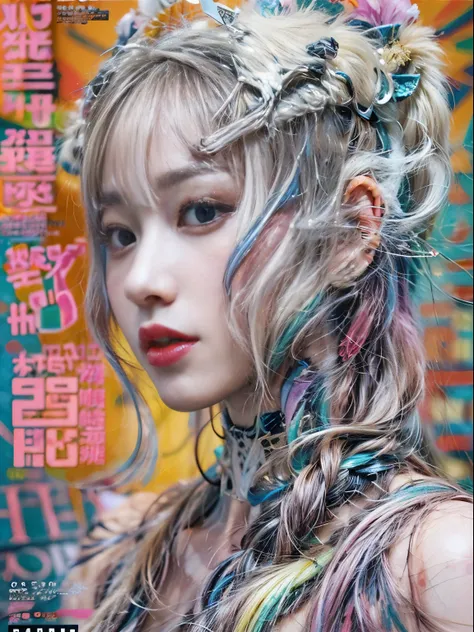 Flowing_contour biomechanical__cybernetic_airbrush___Strange__(((Japanese Harajuku style Fashion_(((colorful Magazine_cover)))__art_decor_Border)))__porcelain_and_Platinum / Futuristic Cyberpunk woman with porcelain skin, cybernetic implants.