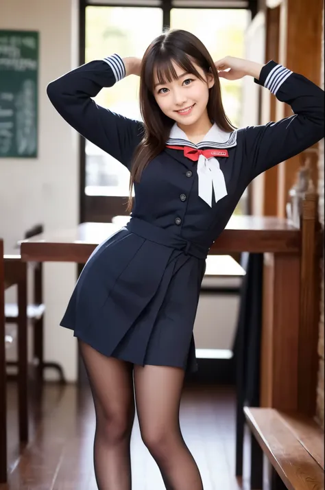 (((masterpiece))), (((highest quality: 1.4))), ((Super detailed: 1.4)) ,(Mastepiece), (Genuine:1.4), (Full Body Shot:1.3), One woman、ソファに足を組んで座っている日本のSailor suitを着た女の子, a 超現実的なSailor suit女子高生, Cute High School Girl Uniform, realistic Young Gravure Idol, Su...