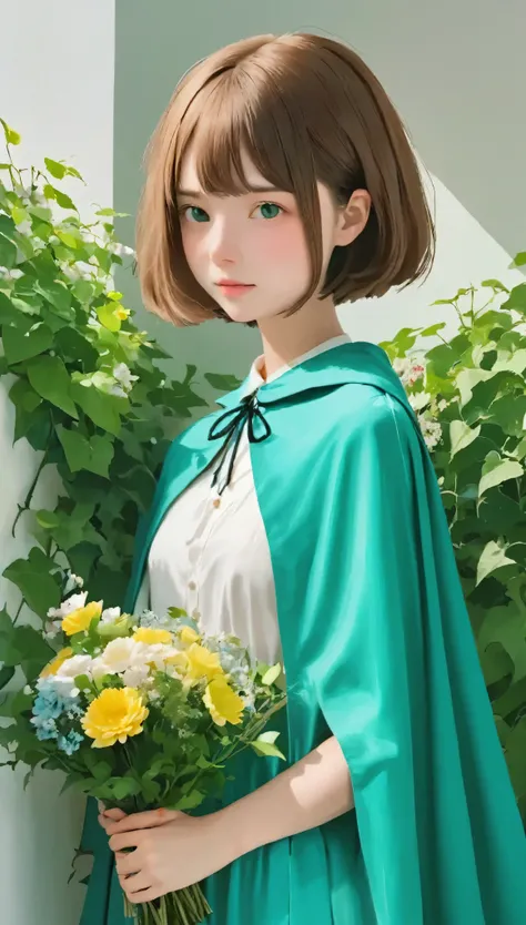 A woman standing in front of a white wall with a bouquet of flowers, short hair, LOFI Girl, Ivy, wearing blue-Green clothes, With flowers, Low quality photos, with cape, Green clothes, photo shoot, Smooth input _ With background, LOFI Girlのaesthetics, 🤤 Po...