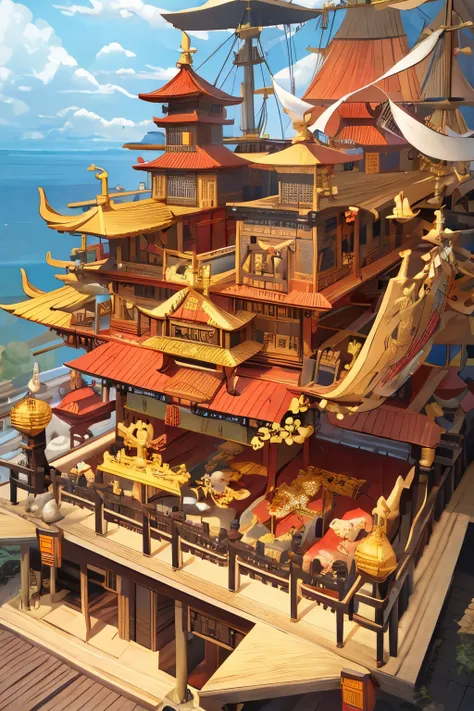 Combination of Chinese-style treasure chest and ship