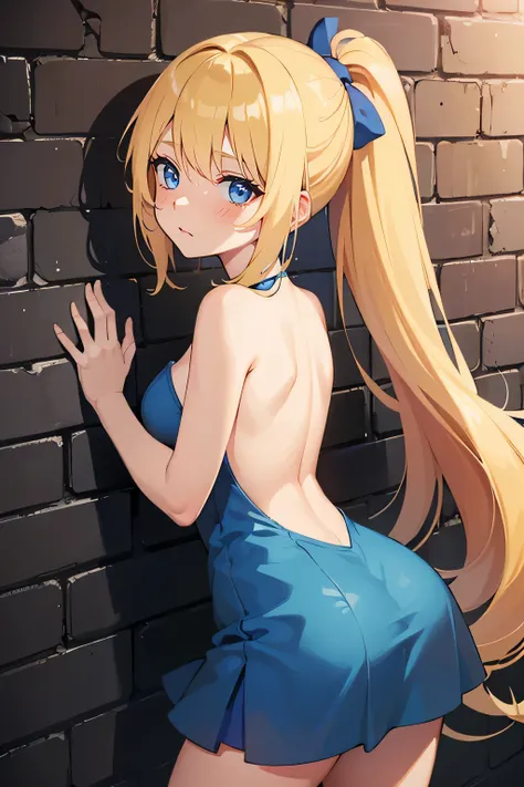 Safe for work, masterpiece, best quality, solo, 1 girl, facing forward, looking at camera, (young female body:1.4), ( medium breasts), slender legs, golden yellow hair, extra long hair, blunt bangs, crystal blue eyes, very detailed eyes, brick wall, nightt...